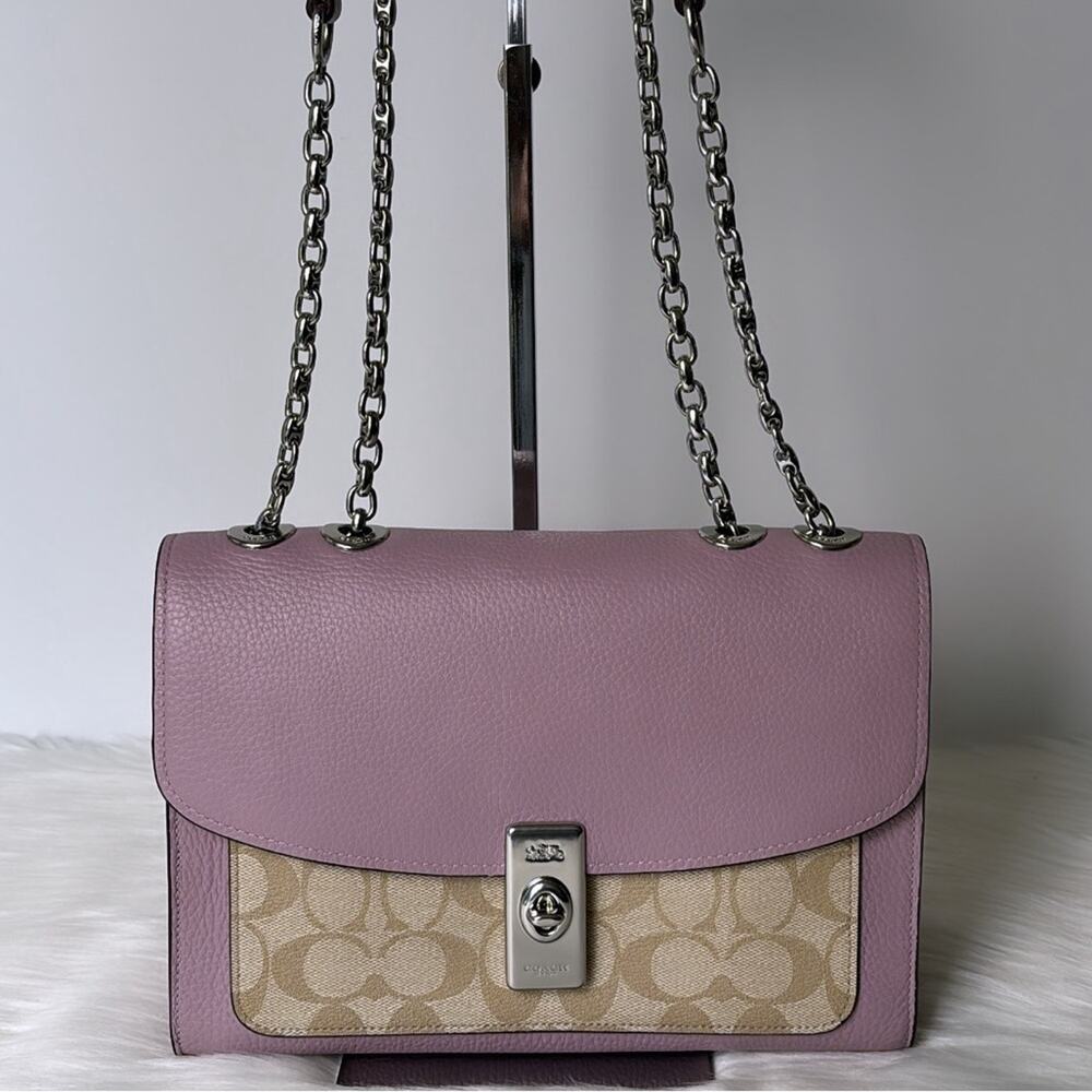 NWT Coach Lane Shoulder Bag In Signature Canvas/PebbleLeather/ Khaki-Purple